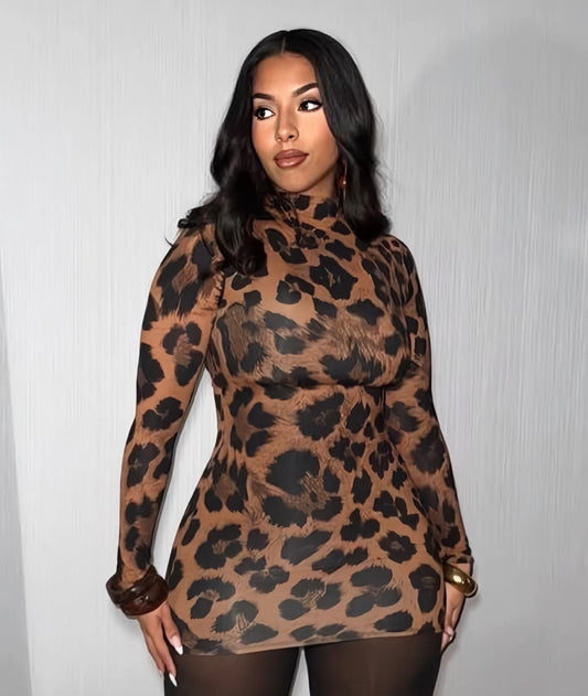 Leopard Print Long Sleeve Dress (XS-XL